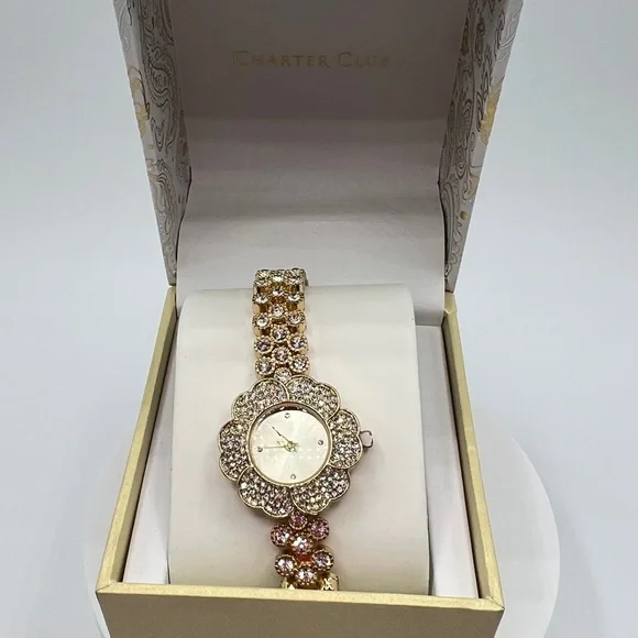 Charter Club Crystal Flower Bracelet Watch in Gold-Tone NWT - Picture 2 of 3